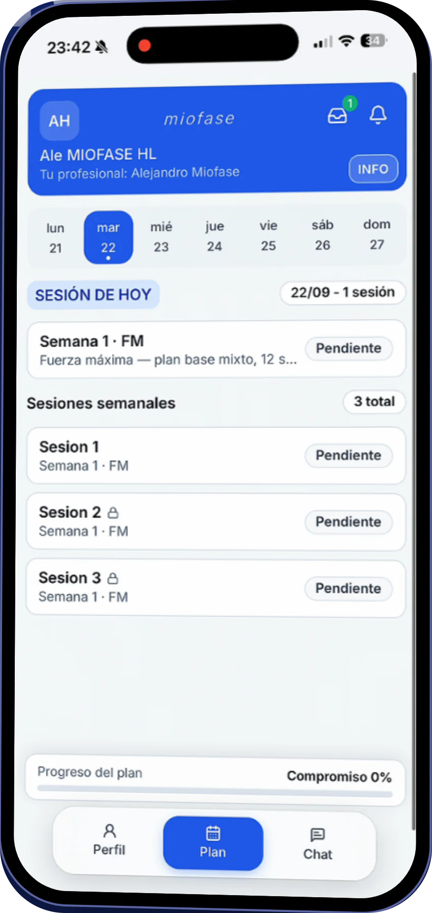 App móvil de Miofase: el usuario ve su sesión de hoy, sus sesiones de la semana y el chat con su profesional.